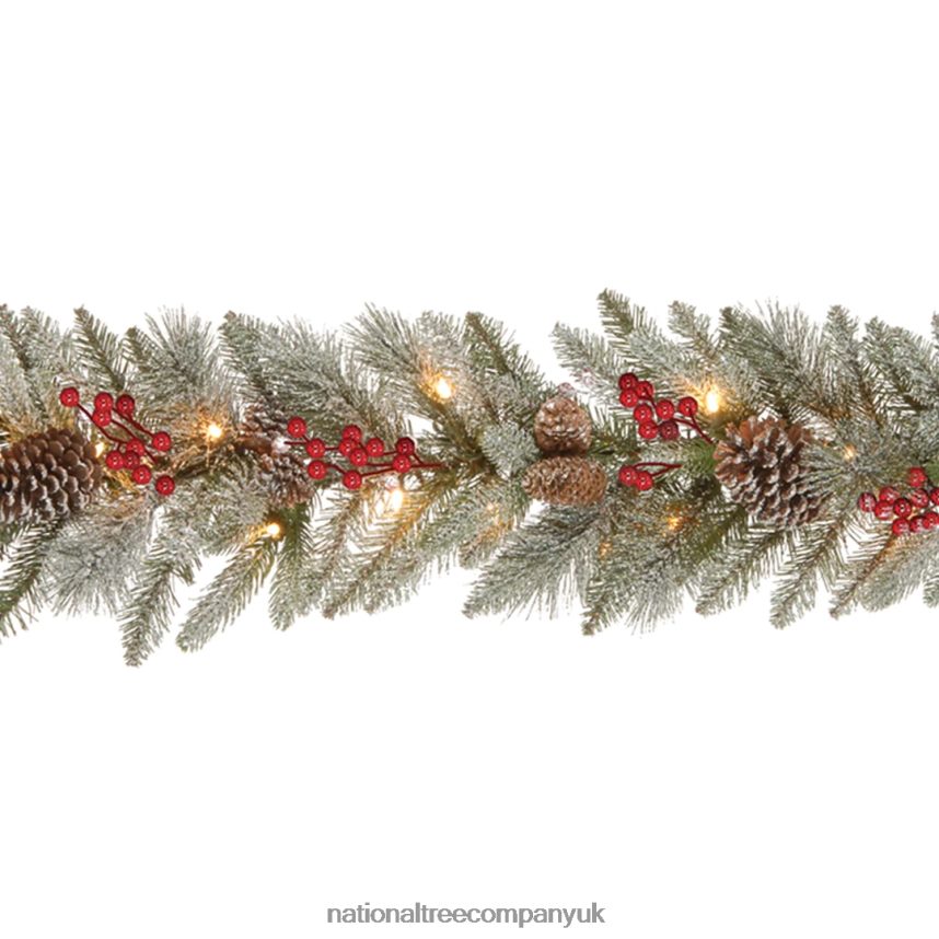 Greenery | National Tree Company Pre-Lit Artificial Christmas Garland Green Snowy Bristle Berry White Lights Decorated With Pine Cones Berry Clusters Plug In Christmas Collection 9 Feet F2L4F4